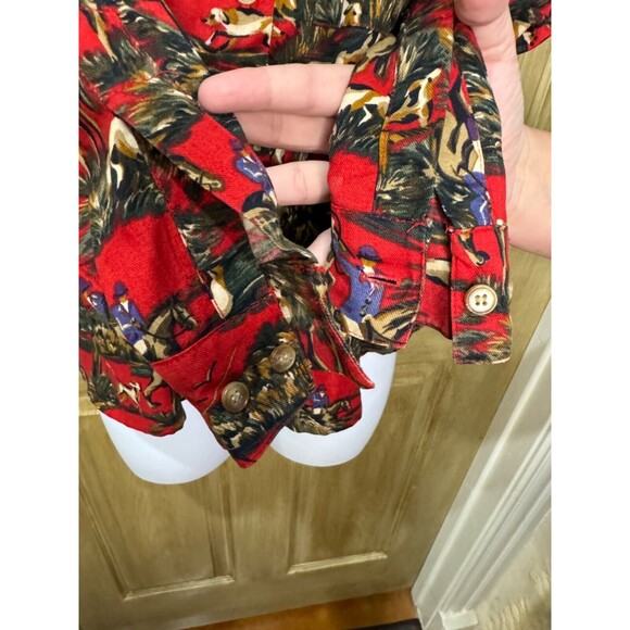 Vintage Equestrian Horse Dog Hunting Scene Cotton Button Down Red Shirt Small - Picture 3 of 8
